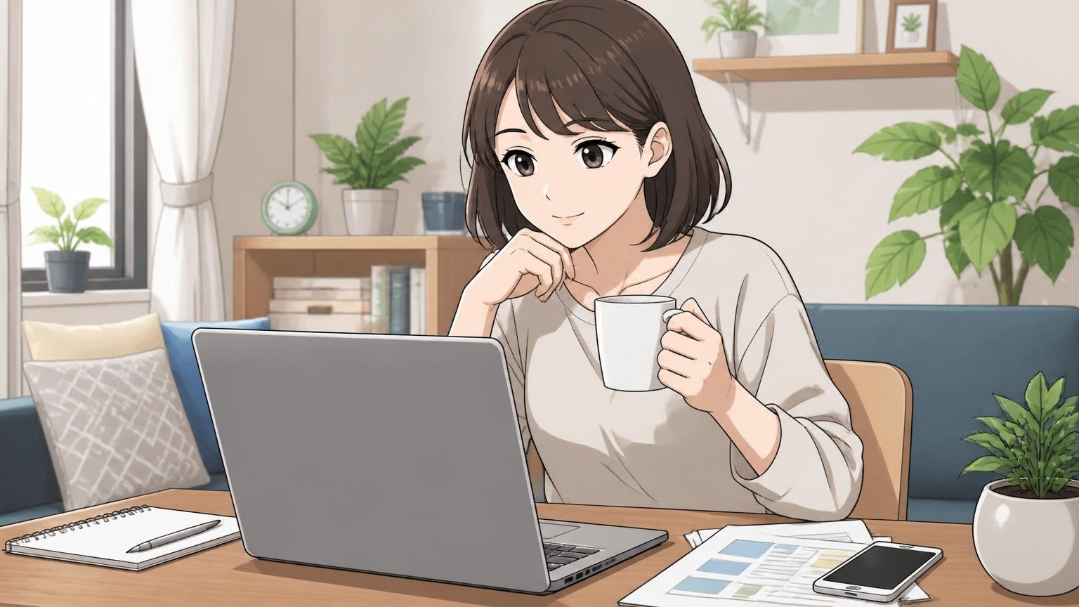 在職中のまま情報収集だけするという選択肢 自宅で在宅勤務の合間に転職サイトを見る30代女性 落ち着いた表情