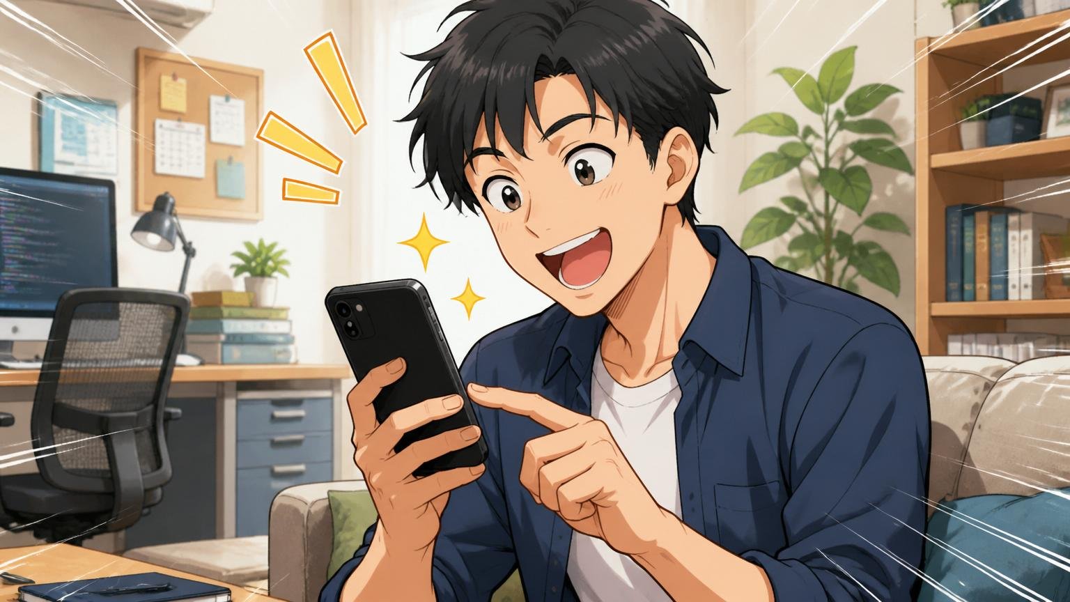 今日からできるリスクゼロの第一歩。自宅で男性エンジニアがスマホで登録し晴れやかな表情