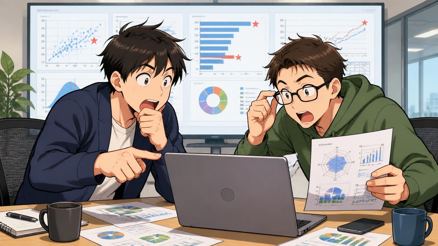 自分の市場価値を分析するエンジニア:Web系企業の会議室で2人が転職市場のデータを見ながら自分の位置を確認する