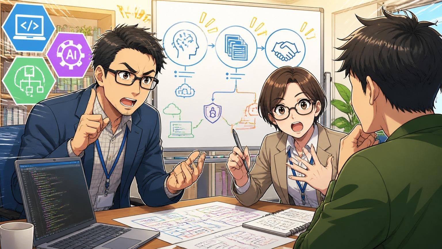 IT特化型エージェントだけが持つ3つの強み、IT専門エージェントのオフィスで30代の転職希望者と面談する2人のキャリアアドバイザー、技術スタックを真剣に話し合う表情