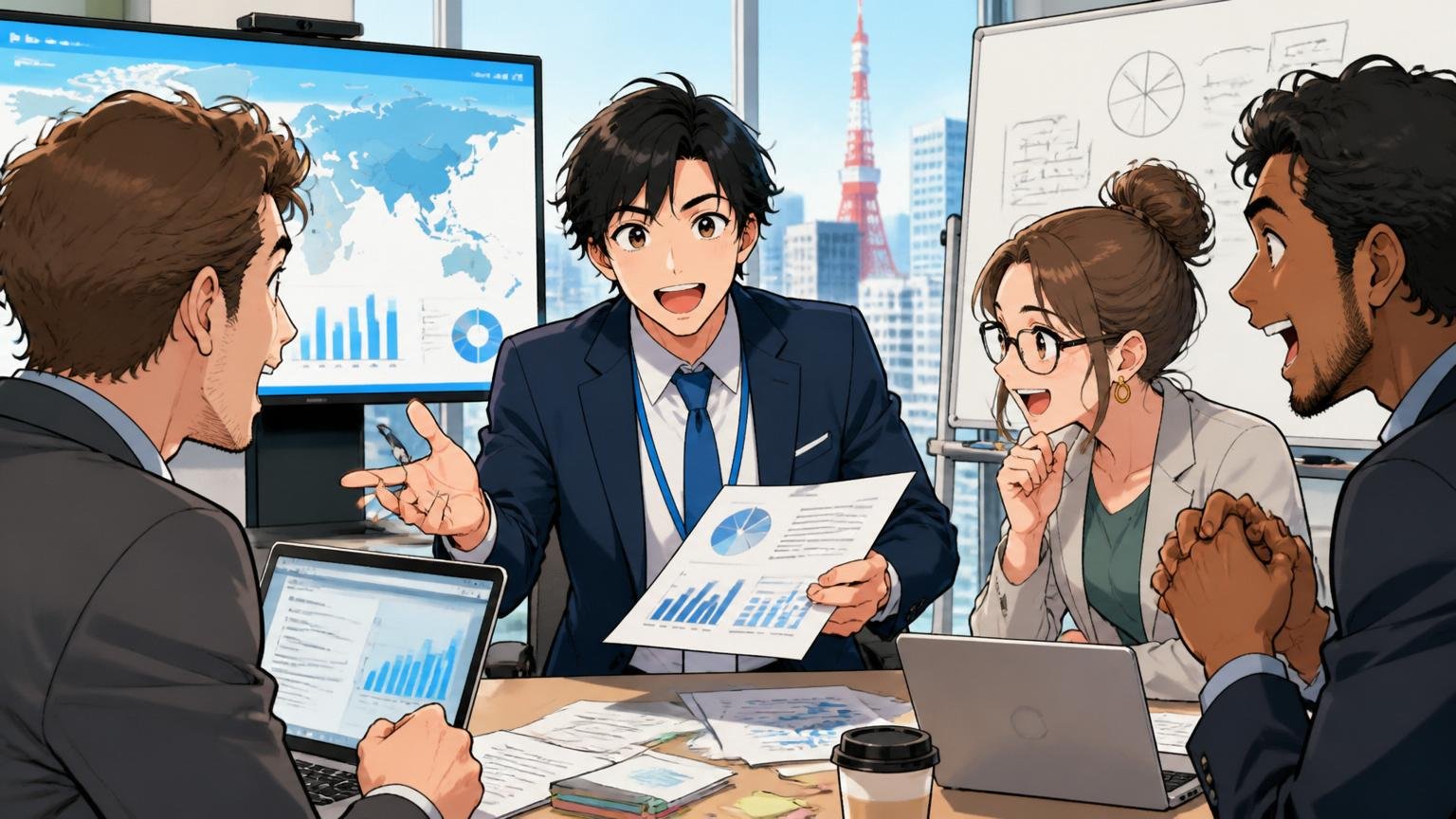 外資系ITベンダーの東京オフィスで国際的なチームメンバーと打ち合わせを行う30代男性営業