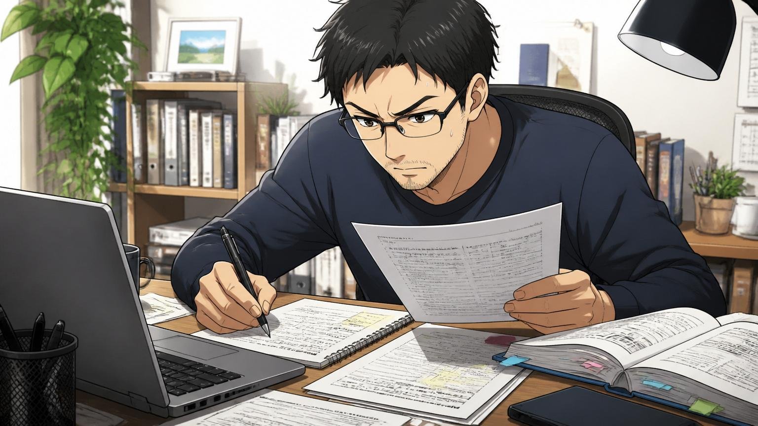 自宅のデスクで職務経歴書を真剣に作成する30代エンジニア1人、メモと参考書類を広げて執筆中