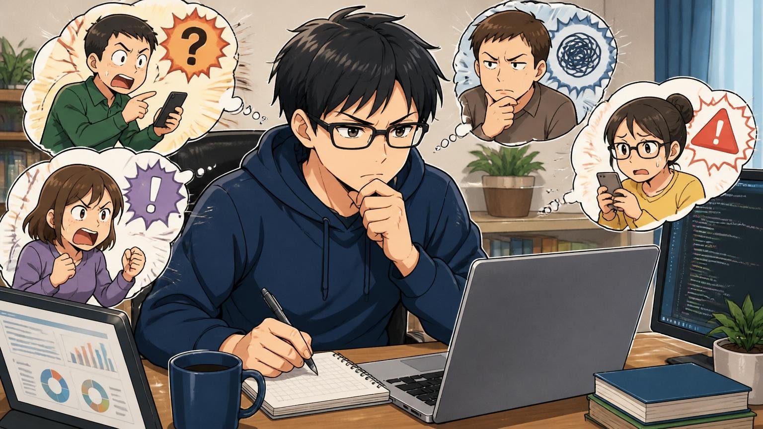 自宅のデスクで楽天に関するネットの噂を冷静に検証する30代エンジニア1人