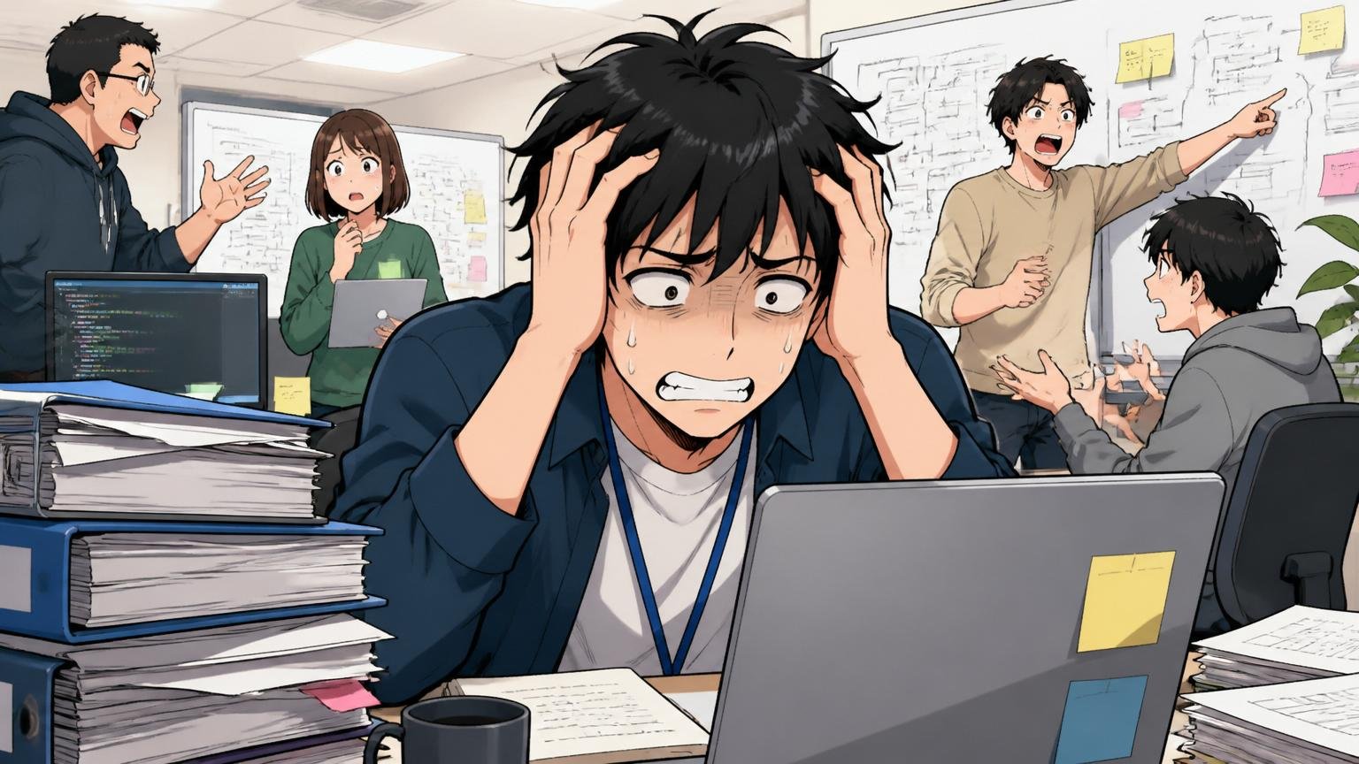 Web系スタートアップのオフィスで即戦力プレッシャーに押しつぶされそうな表情のSIer出身エンジニア