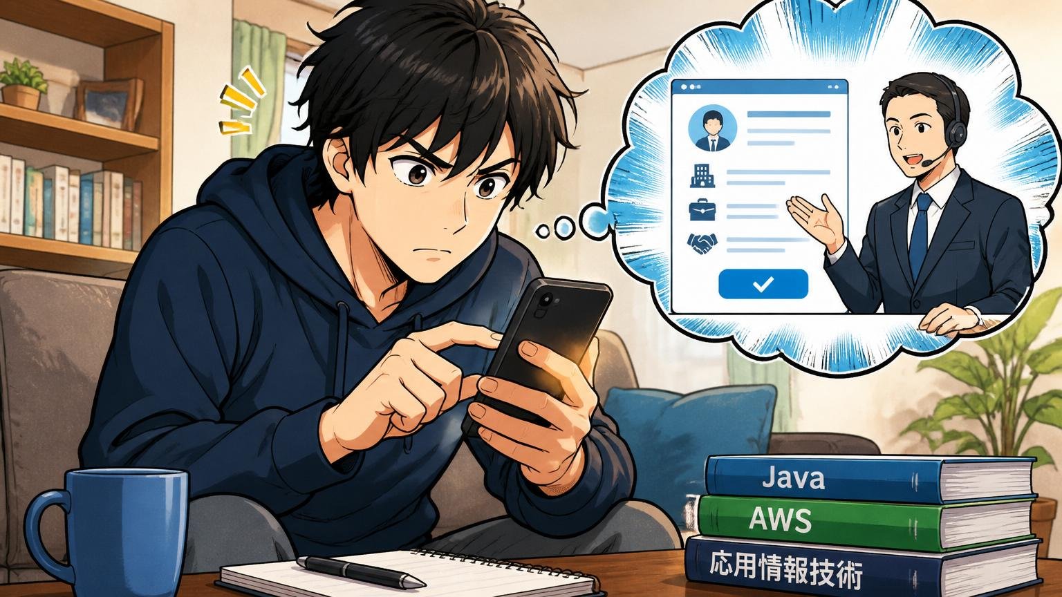 自宅のリビングで真剣にスマホを操作する転職活動中のエンジニア、エージェント登録の場面、1人