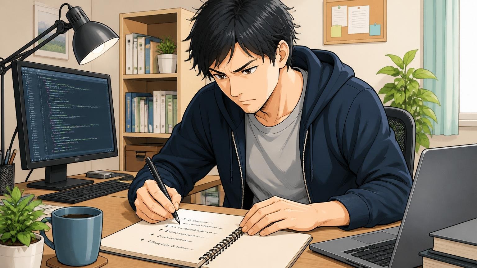 自宅のデスクで30代男性エンジニアがノートに過去の業務経験を箇条書きで整理する、集中した表情
