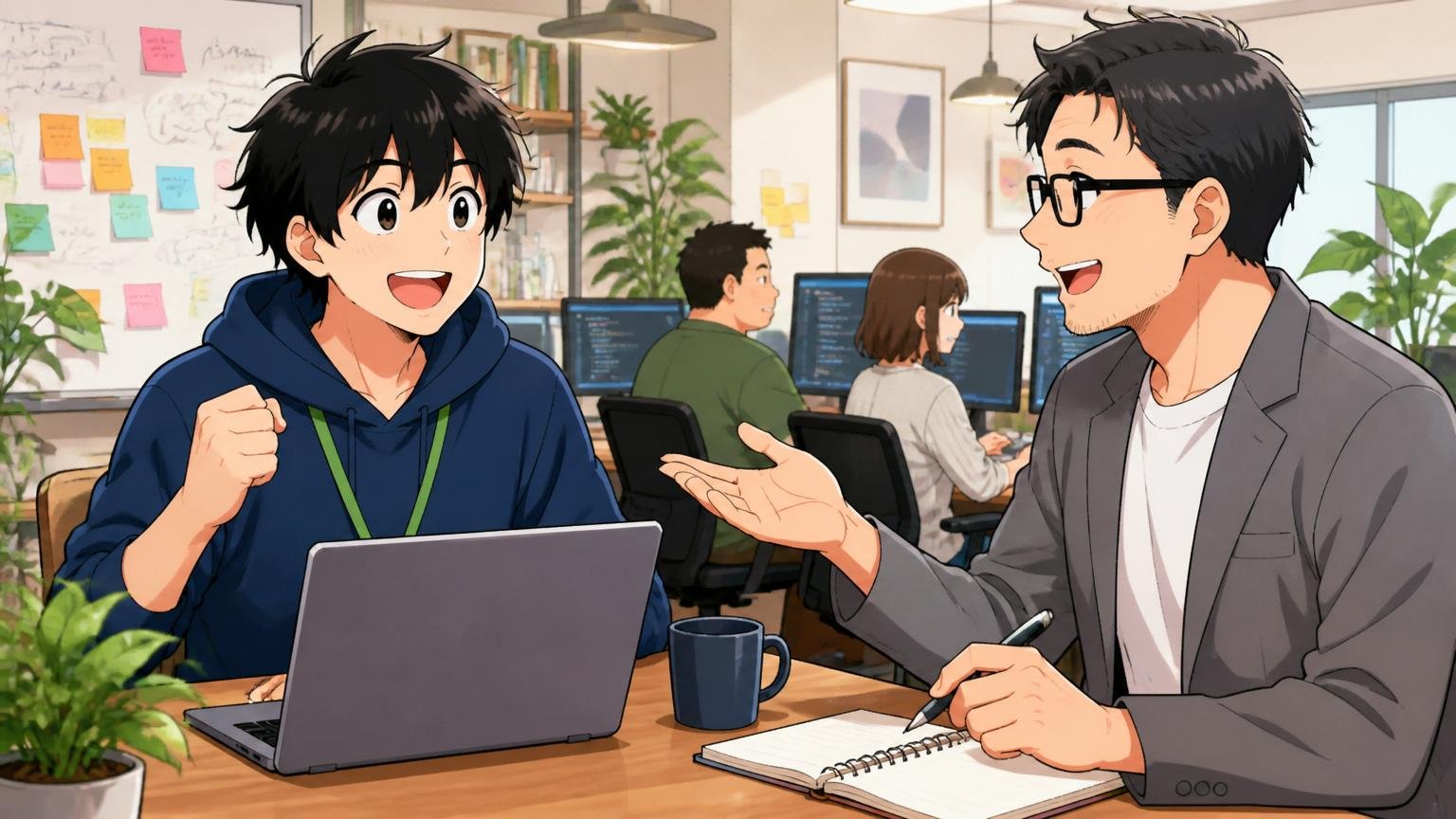 Web系スタートアップのオフィスでにこやかにキャリア相談をするエンジニア1名とアドバイザー1名