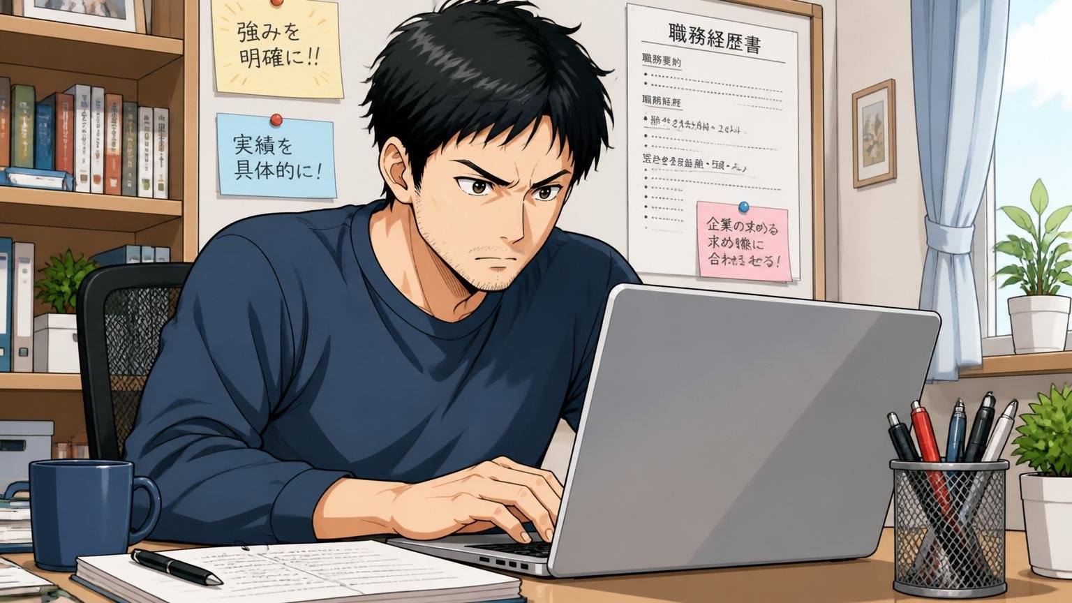 自宅のデスクで在宅勤務する30代男性が、PCで職務経歴書を真剣に編集する