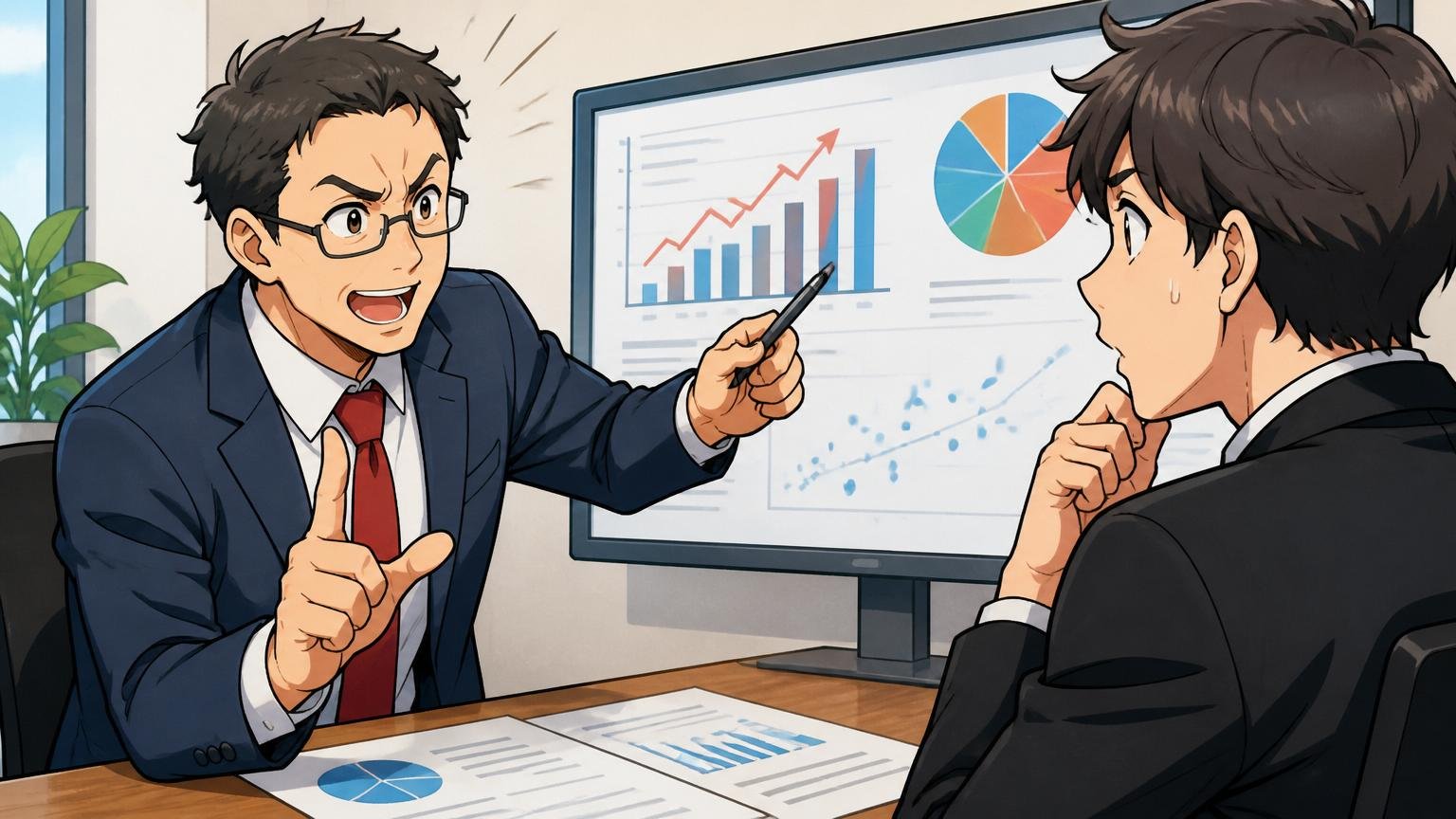 1社受けて落ちただけで市場価値は判断できない理由を説明するメンター、企業の会議室で面接、2人、データを示しながら諭す表情