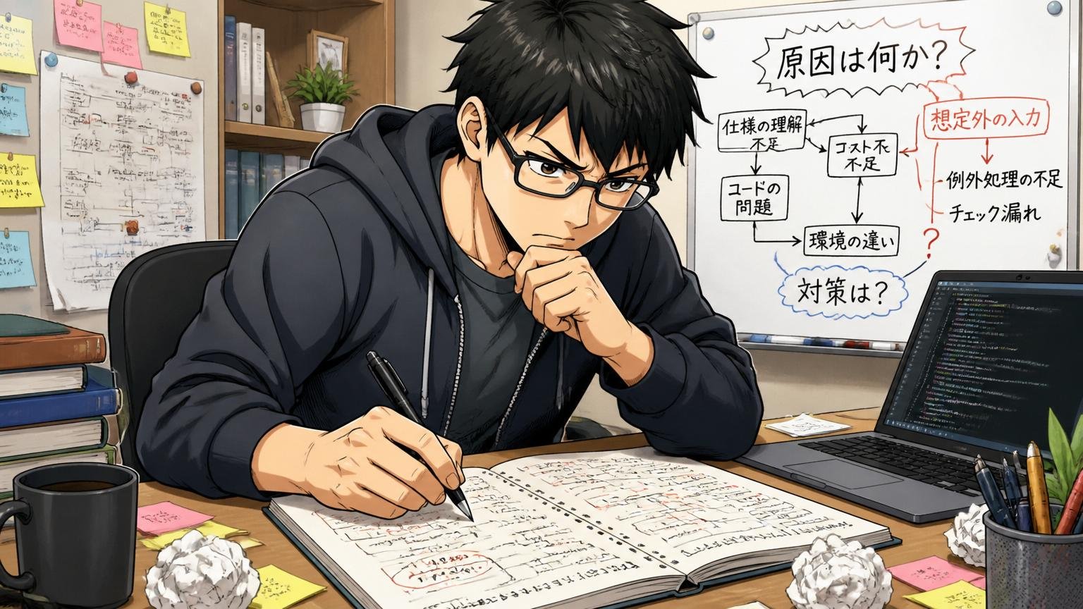 自宅のデスクでノートに落ちた原因を整理して書き込む30代エンジニアの様子