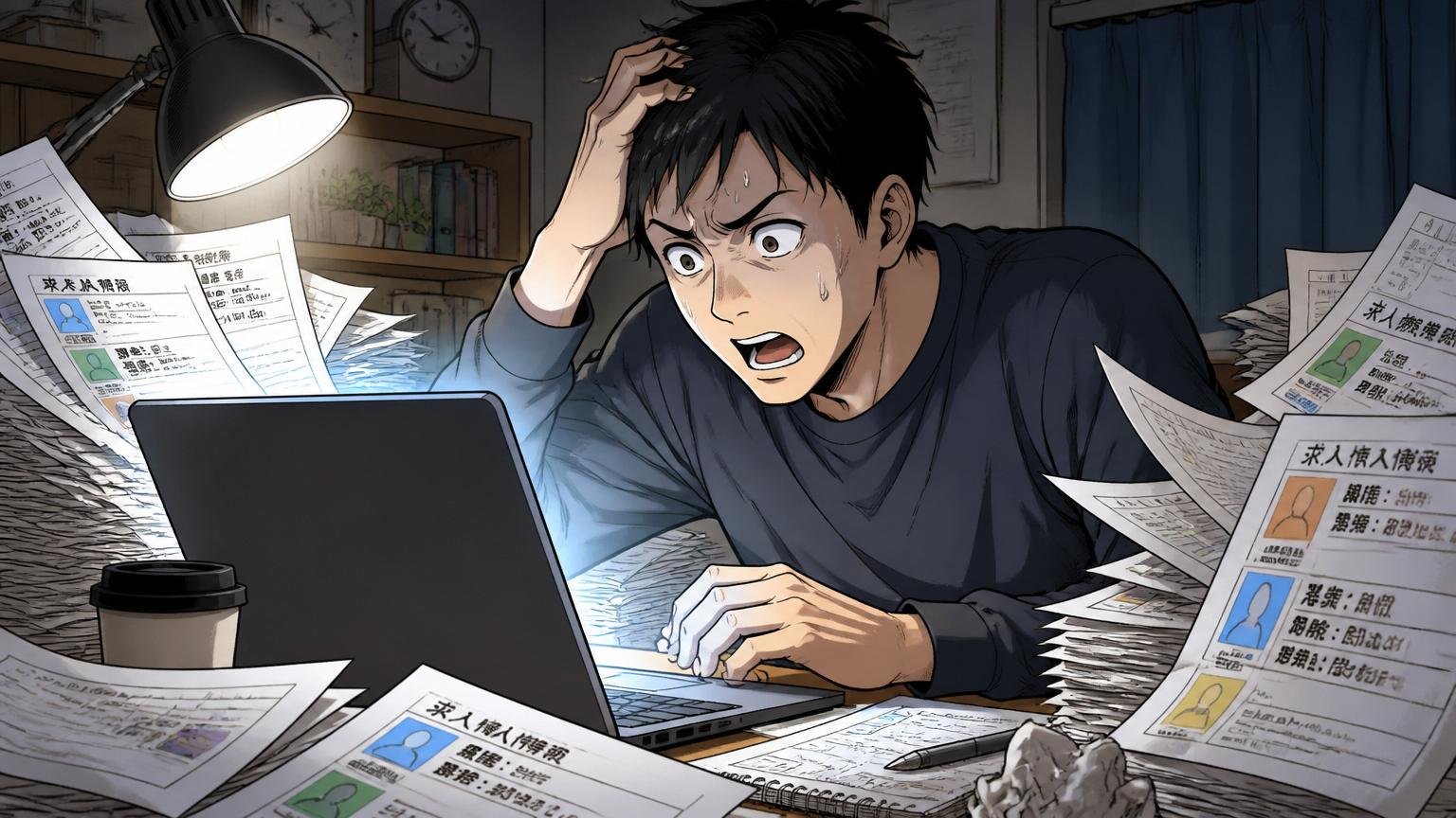 衝動応募が招く二次災害 / 自宅のデスクで深夜に大量の求人を見ながら焦った表情の30代男性1人、画面の光に照らされる