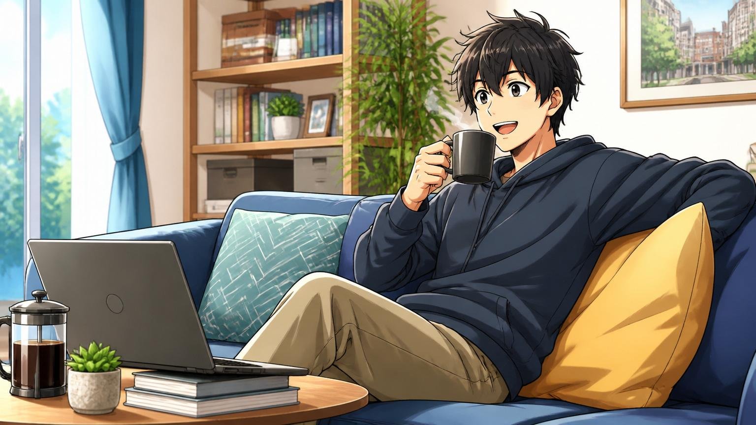 自宅のリビングでコーヒーを飲みながらゆっくり休むITエンジニア男性