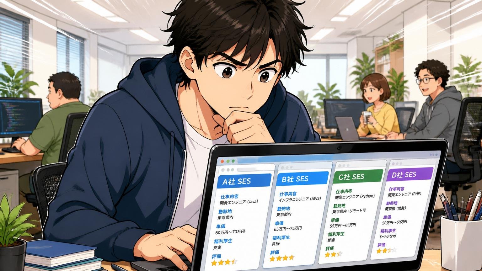 Web系スタートアップのオフィスで30代男性エンジニアがPCで複数のSES企業の求人を比較検討中