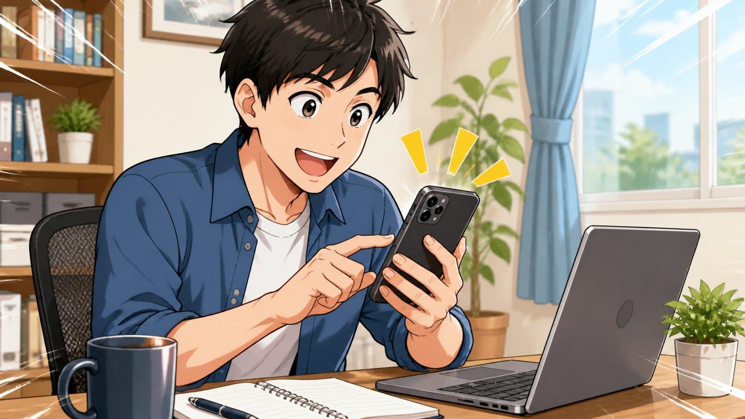 今日から動けるたった1つのアクション 自宅のデスクでスマホからIT特化型エージェントに無料登録するエンジニア 30代1人 前向きな表情