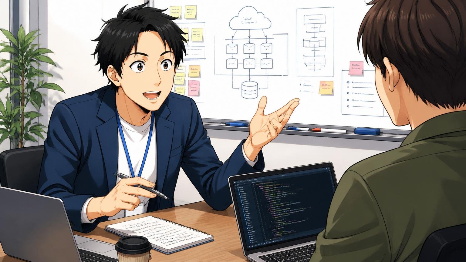 企業の打ち合わせスペースでITエンジニア専門のキャリアアドバイザーが応募者の技術スタックを深掘りして話を聞く対話シーン
