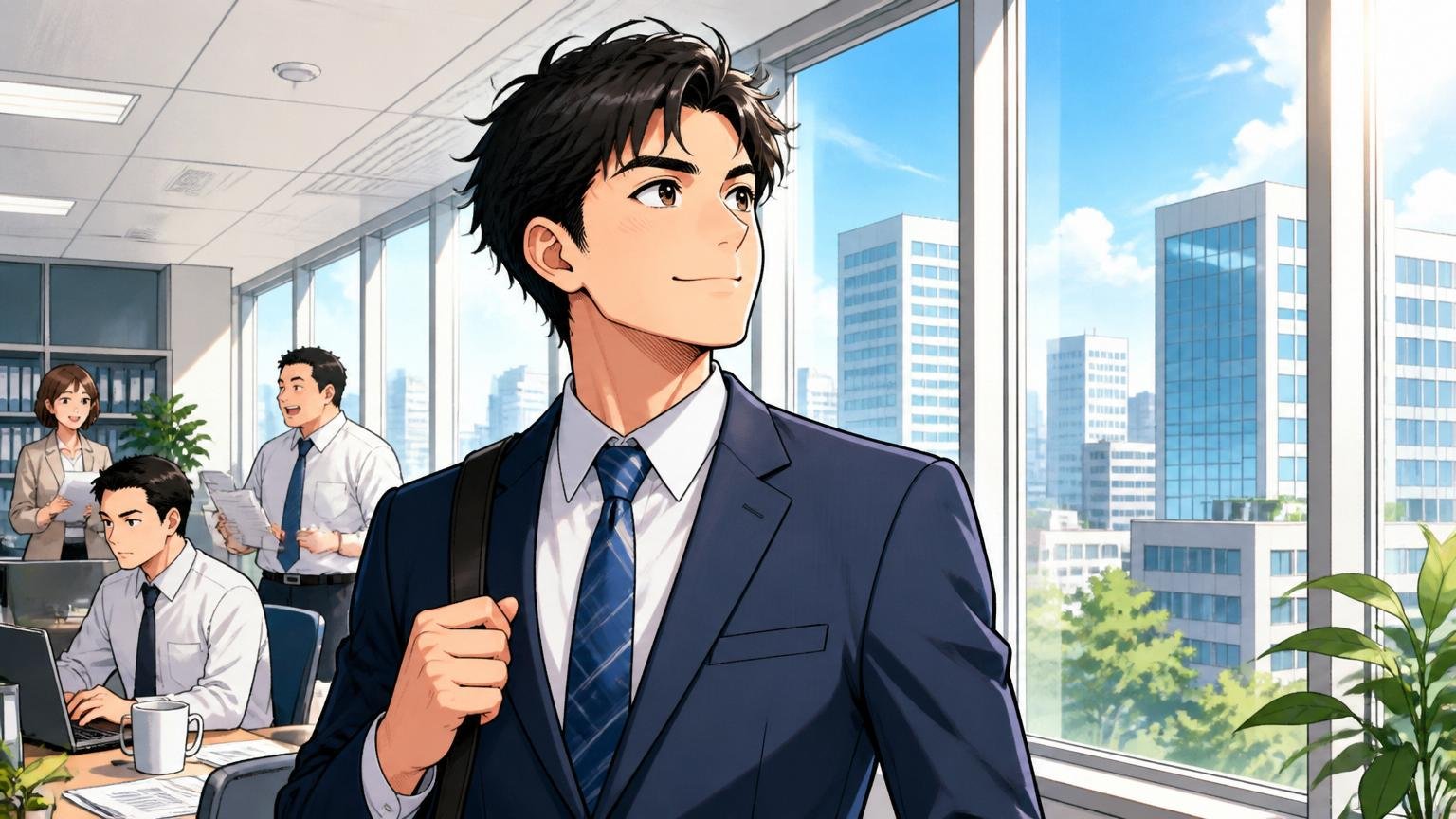 企業のオフィスの窓から差し込む朝日に向かって前向きな表情で立つ転職活動中の30代ビジネスパーソン