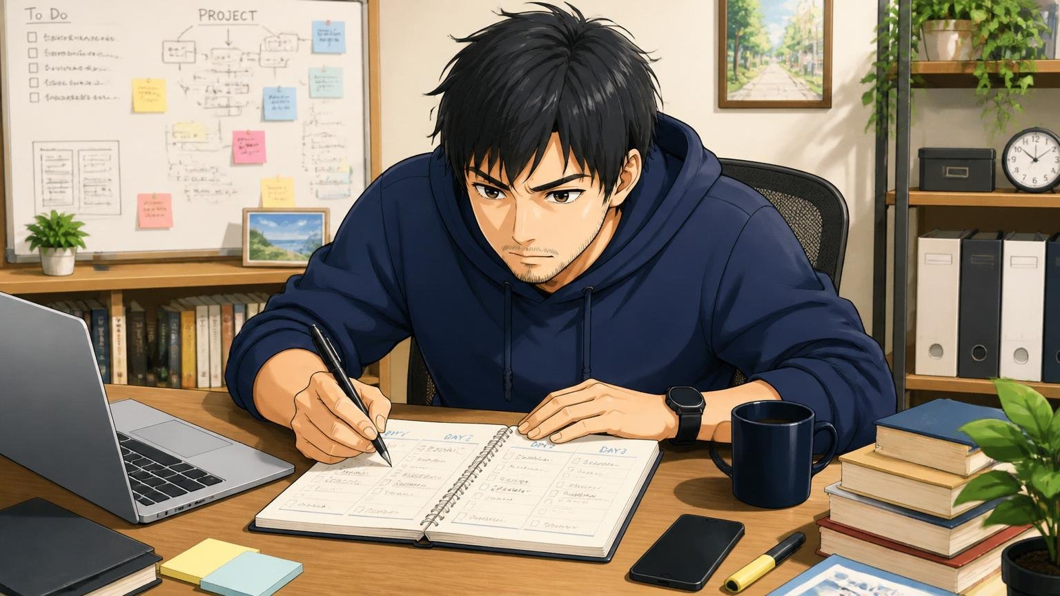 自宅のデスクで3日間の行動計画をノートに書き出す30代エンジニアの落ち着いた場面