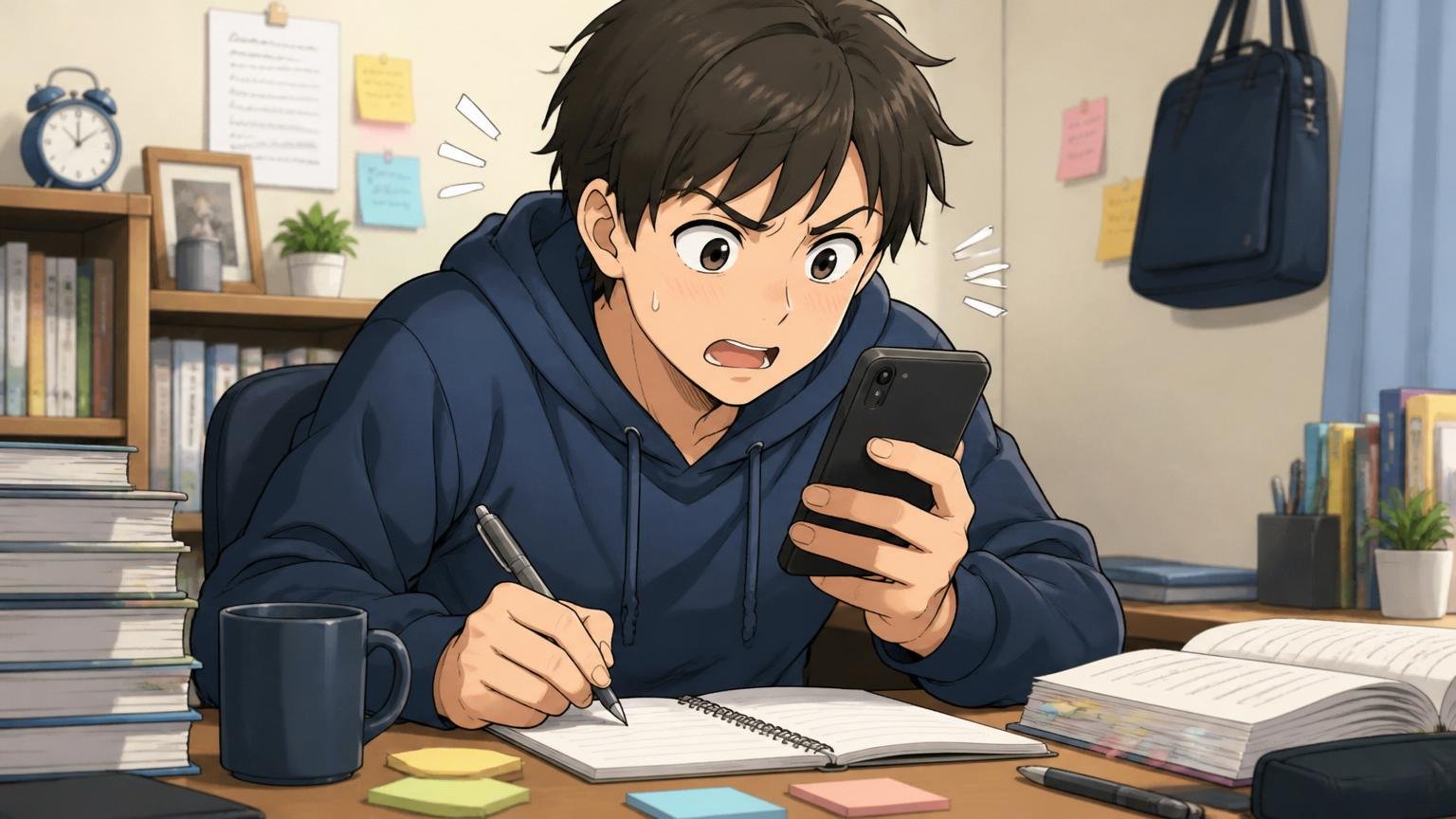 自宅のデスクでスマホのメモ機能に選考体験を書き出す若手就活生