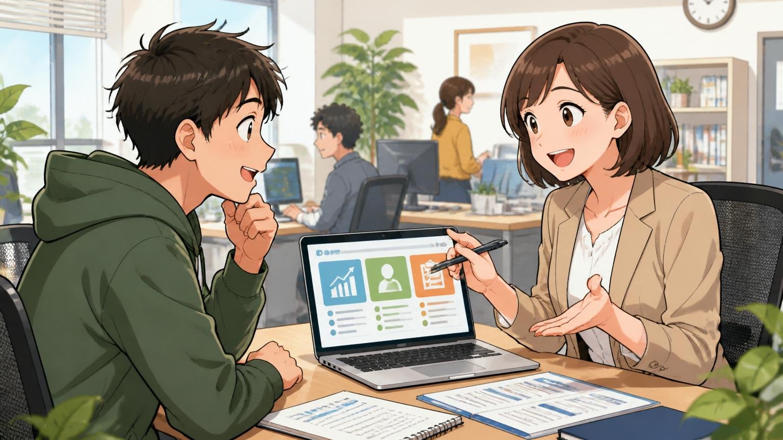 年収交渉・面接対策に強いおすすめIT特化型エージェント3選。明るいオフィスでキャリアアドバイザーがエンジニアに転職エージェントの活用方法を丁寧に説明する2人