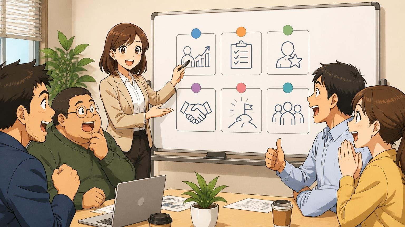 企業の会議室でキャリアアドバイザーがホワイトボードに記事の要点を6つ整理して説明する温かい空気