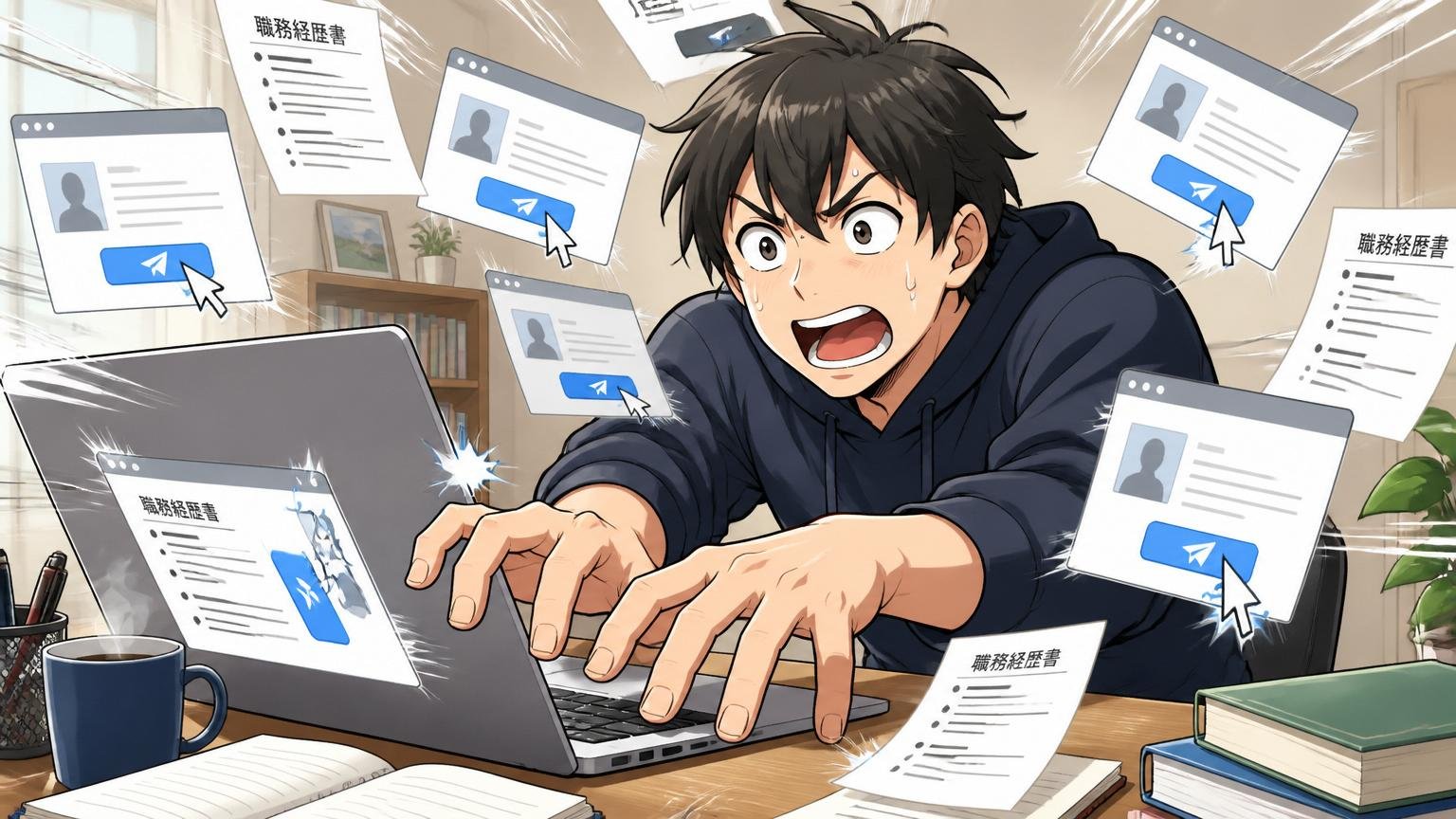 同じ職務経歴書のまますぐ他社へ連投する／自宅のデスクで在宅勤務／20代後半エンジニア1名／焦って何社にも応募ボタンを押す場面