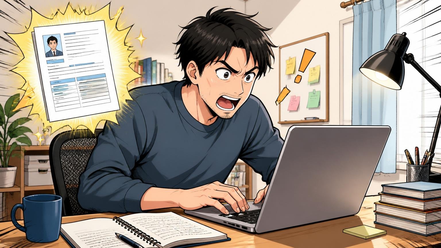 自宅のデスクで経験エンジニアが職務経歴書をPCで書き直す場面