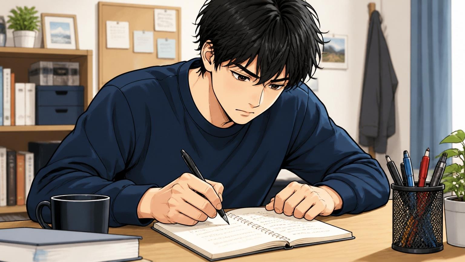 今日中にやるべきこと落選通知に向き合うのではなく自分の感情に向き合う。自宅のデスクで20代後半男性1人が手書きノートに気持ちを書き出している