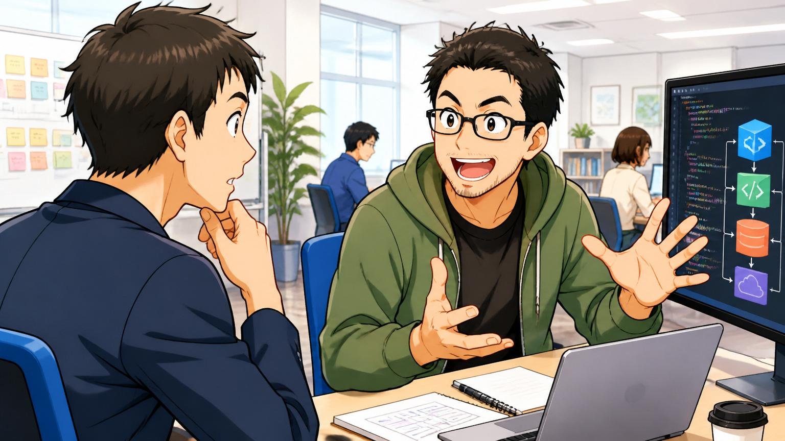 なぜ「IT特化型」の転職エージェントが必要なのか。明るいオフィスでエンジニア出身のアドバイザーが30代の応募者に技術スタックの話を熱心にしている2人