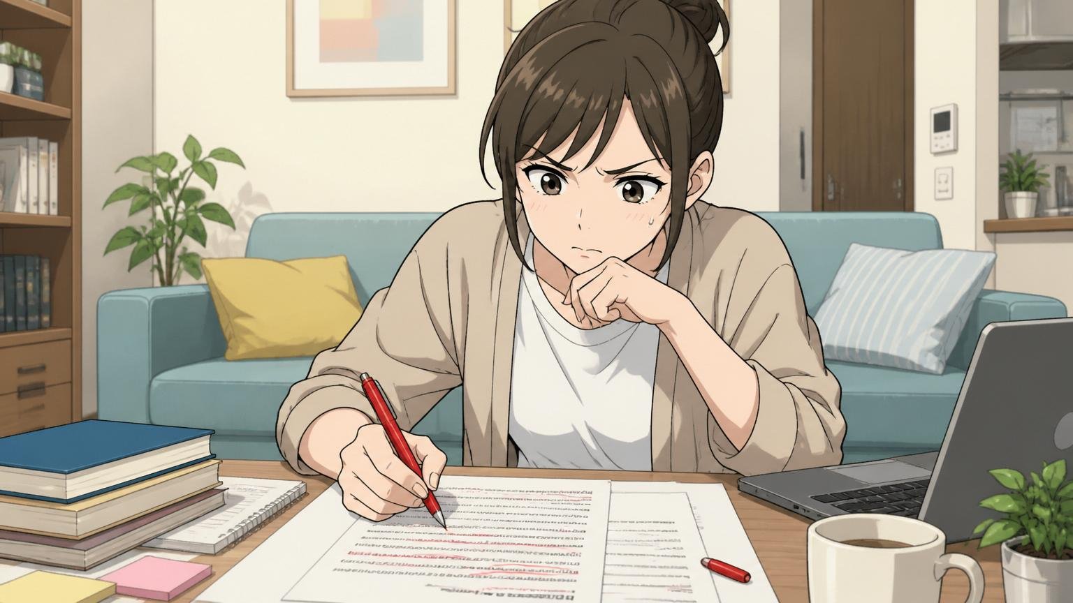自宅のリビングのテーブルで、30代女性エンジニアが赤ペンで職務経歴書に書き込みをしながら推敲する場面
