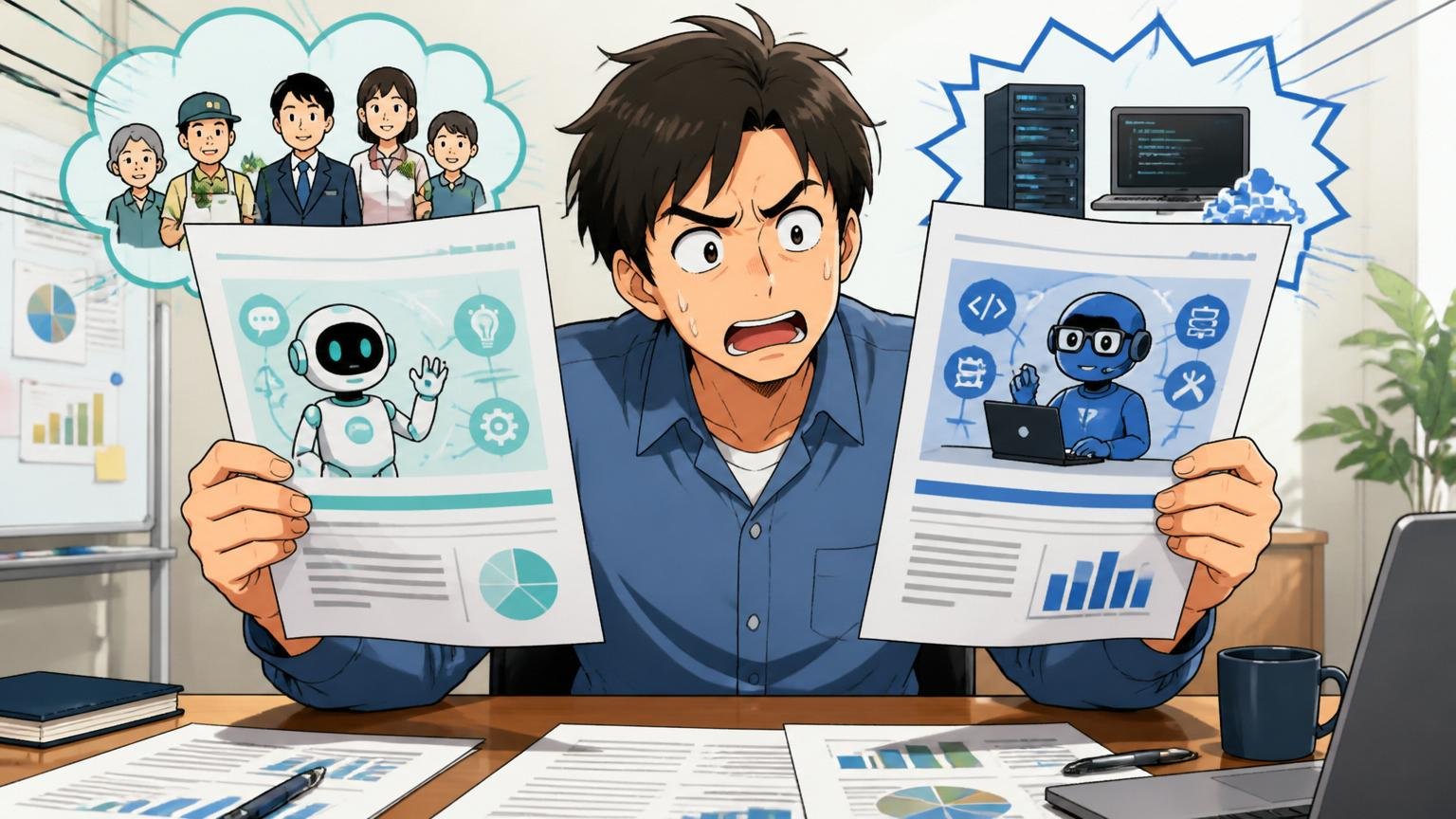 企業の会議室で総合型エージェントとIT特化型エージェントを比較するエンジニア1人、資料を見比べる
