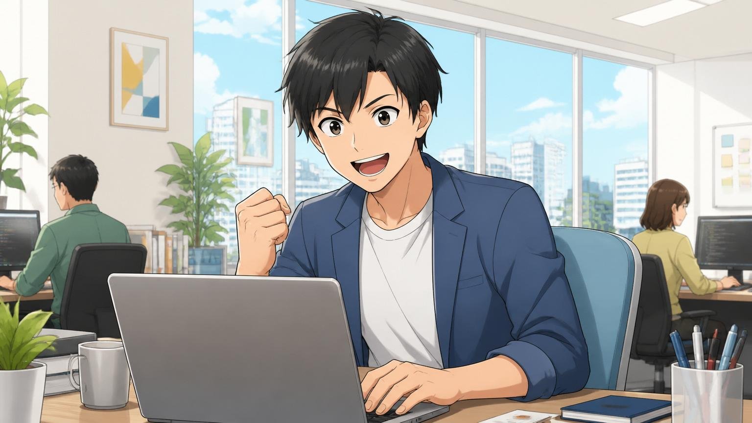 前を向いて新たな転職活動を始めるエンジニア。明るいオフィスでパソコンに向かい笑顔で一歩を踏み出す30代男性