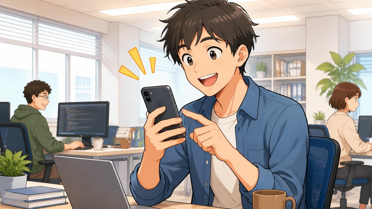 迷ったらまず無料相談から。明るいオフィスでエンジニアがスマホで相談予約をする前向きな表情