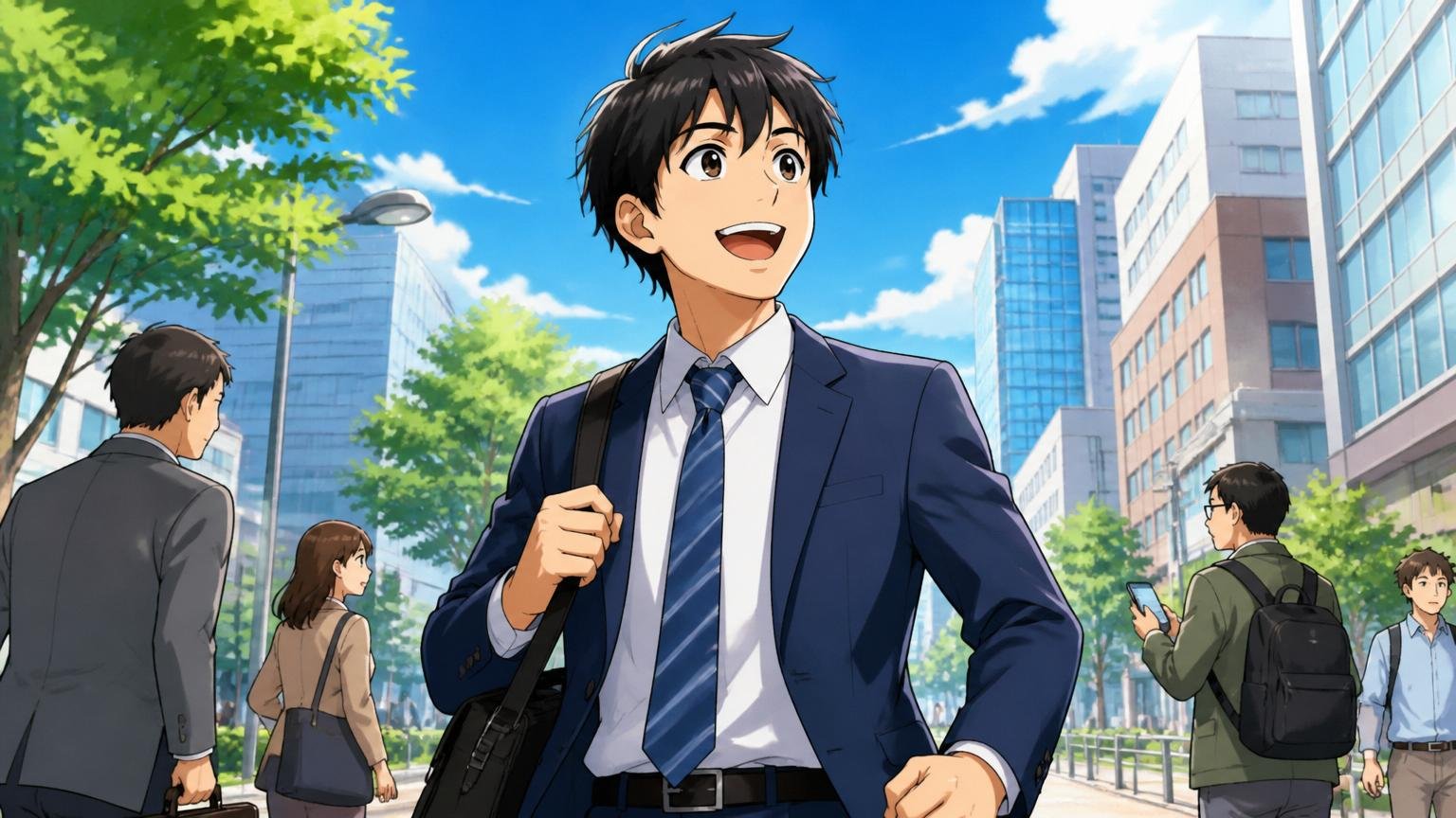 新しい一歩を踏み出して前向きに歩き出す転職活動中の人。朝の街中を明るい表情で歩くビジネスパーソン