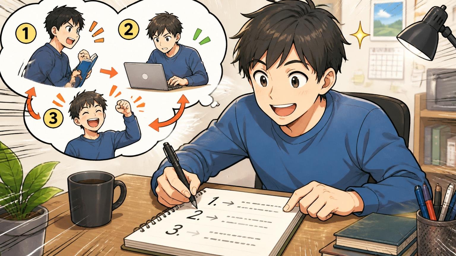3ステップで整理する次の動き、自宅のデスクで次の行動計画をノートに書き出して前向きに整理する20代男性
