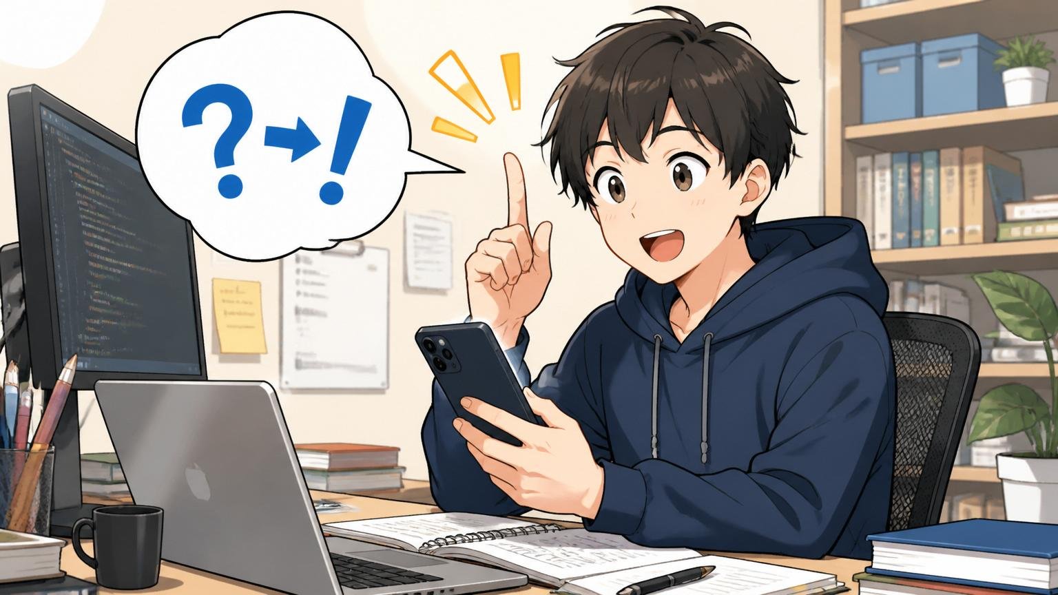 よくある質問（FAQ）。自宅のデスクで疑問を整理しながらスマホで調べる20代エンジニア、納得した表情