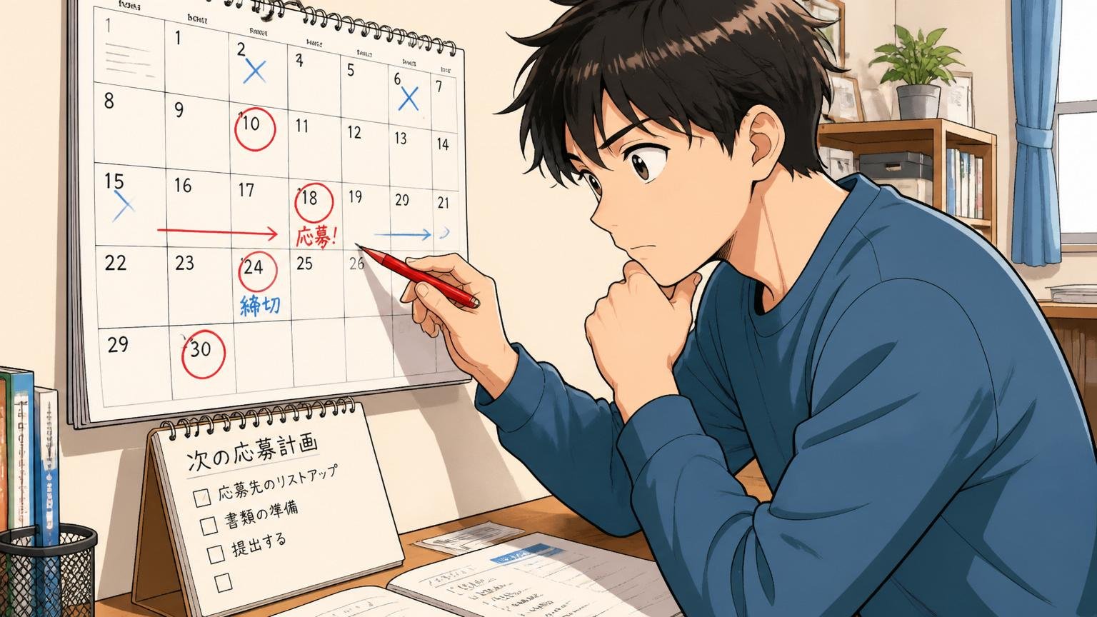 再応募できるかを、自宅で20代男性がカレンダーを見て次の応募を計画する場面