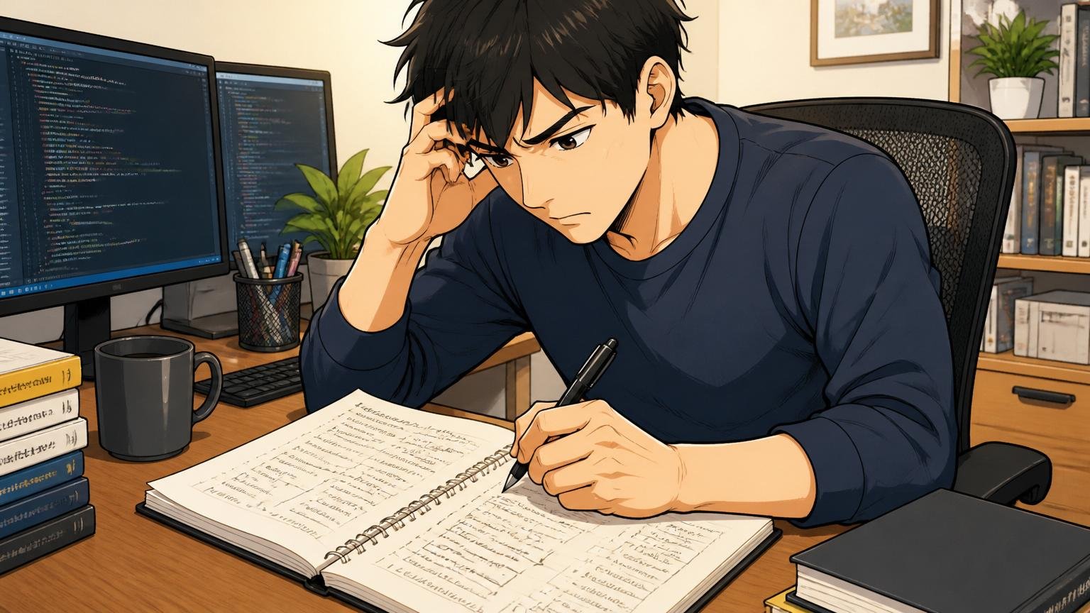 敗因を紙に書き出す｜自宅デスクでノートに選考の振り返りを書く男性エンジニア
