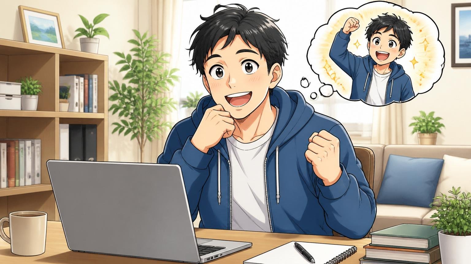 よくある質問。明るい自宅でマネーフォワードへの再挑戦について前向きに考える30代男性エンジニア