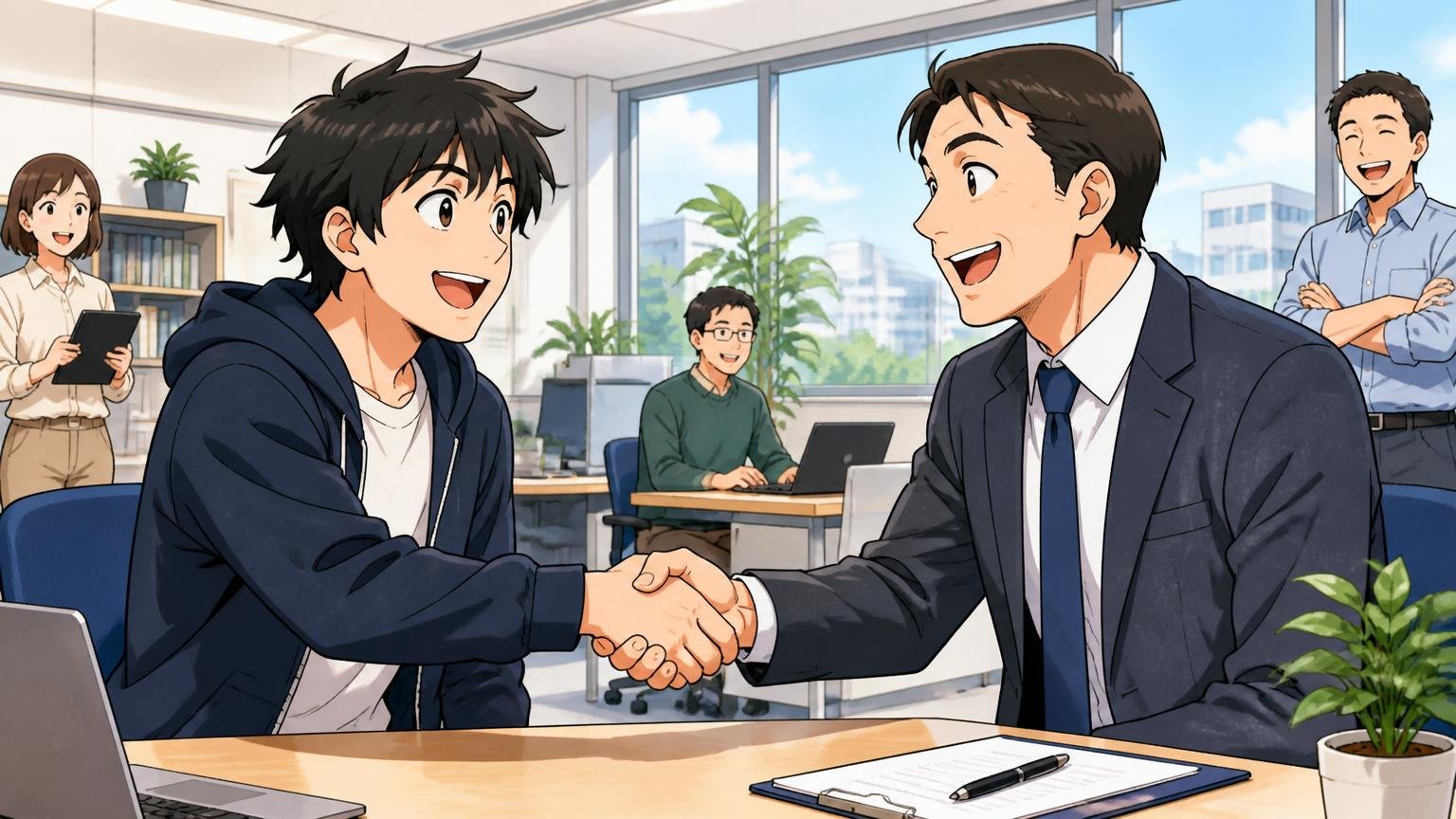 今日から動くなら無料相談で市場価値を知る 明るいオフィスで笑顔でアドバイザーと握手する男性エンジニア