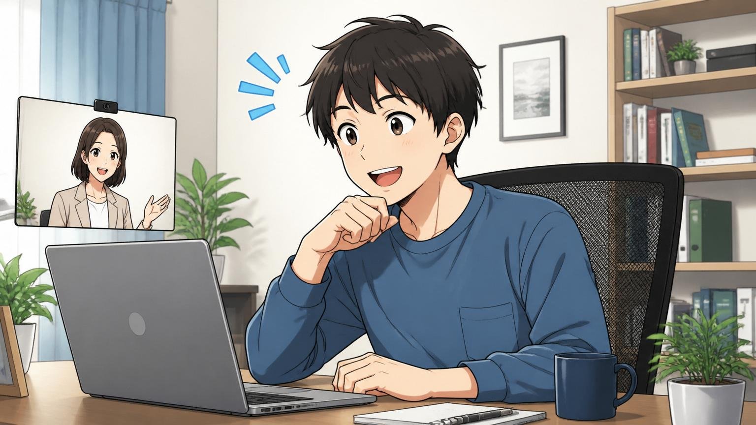 無料相談は転職する人だけのものではない。自宅のデスクでオンライン相談する20代男性が安心した表情