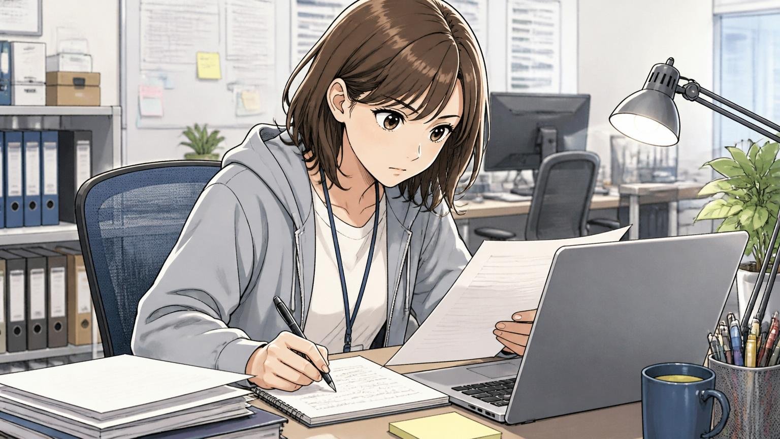 オフィスデスクで業務後にPCを開きながらメモを取る30代女性エンジニア、職務経歴書を整理している真剣な表情。