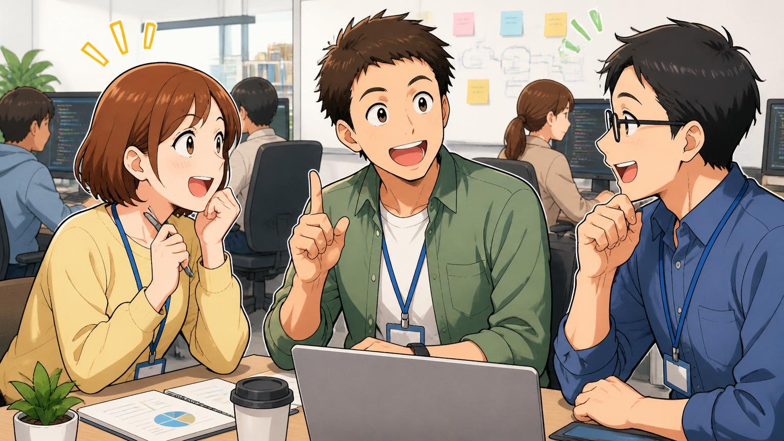 よくある質問の場面。IT企業のオフィスで疑問を出し合い、うなずきながら答え合う男女3人
