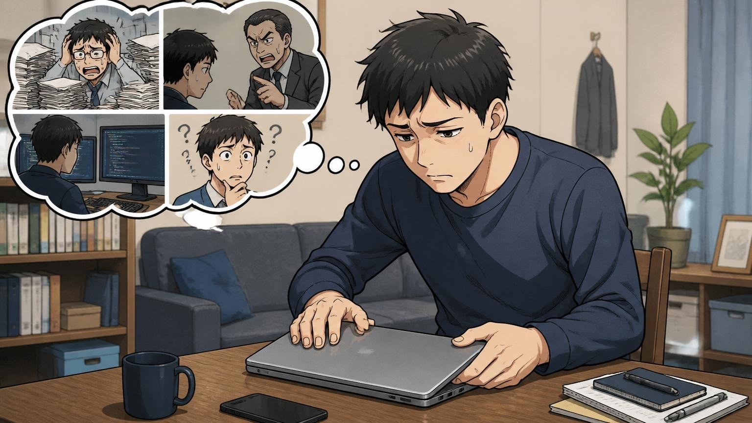 口コミでは配属先の実態がわからず悩む。自宅でノートパソコンをそっと閉じる30代男性エンジニア
