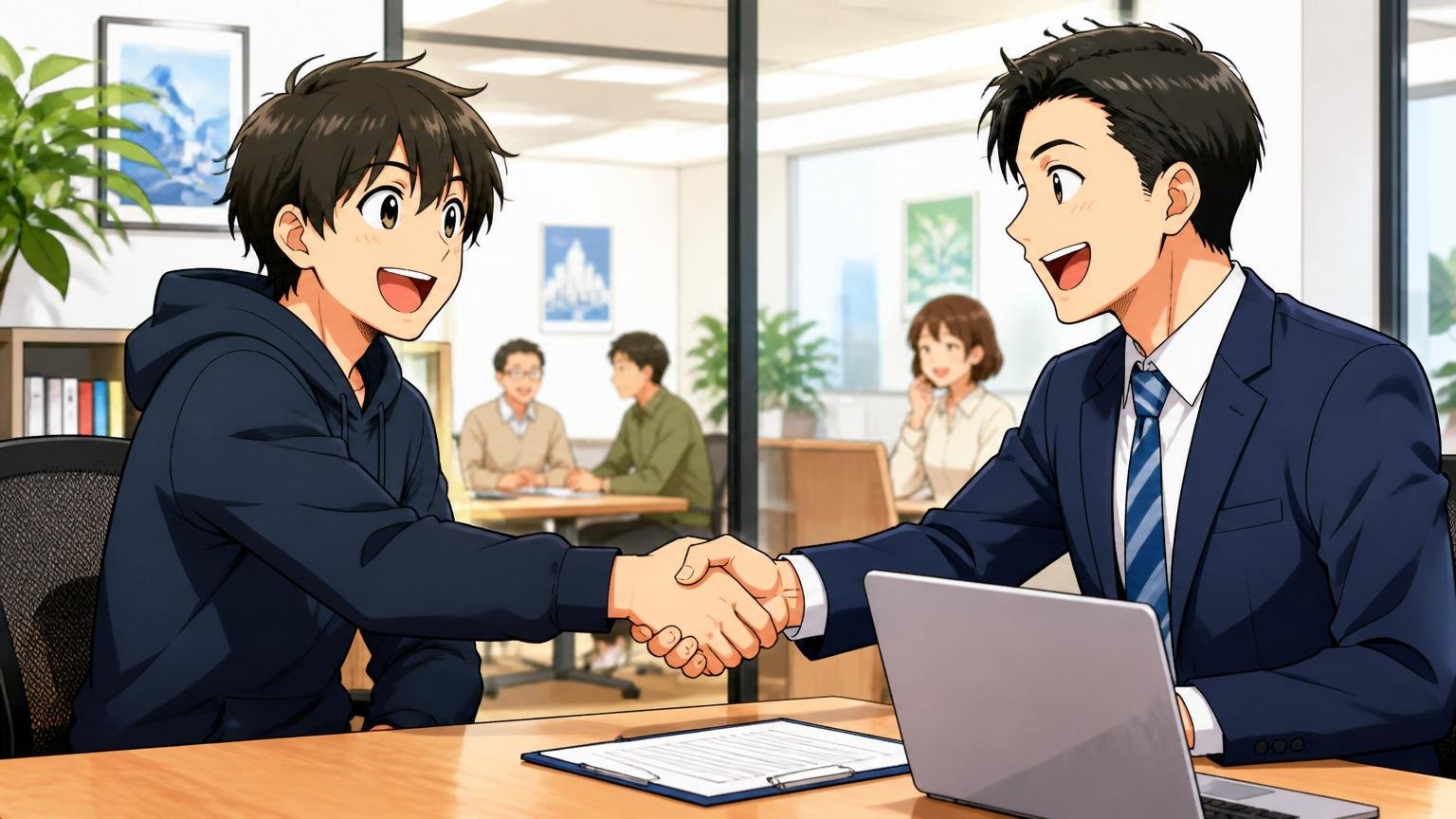 無料相談で前向きに一歩踏み出す、転職エージェントのオフィスで笑顔で握手する20代エンジニアとアドバイザー