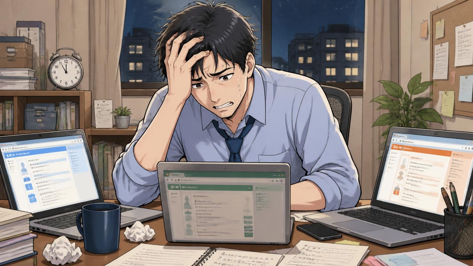 求人票と口コミだけでは本当のところはわからない。自宅のデスクで深夜に複数の求人サイトを開き疲れた表情で頭を抱える30代男性1人