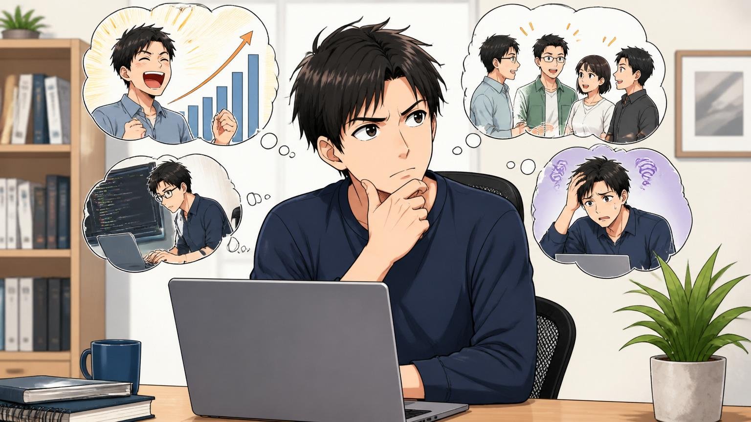 なぜ自分の市場価値を知ることが先なのか。自宅のデスクでノートPCに向かって考える30代エンジニア1人、思案する表情