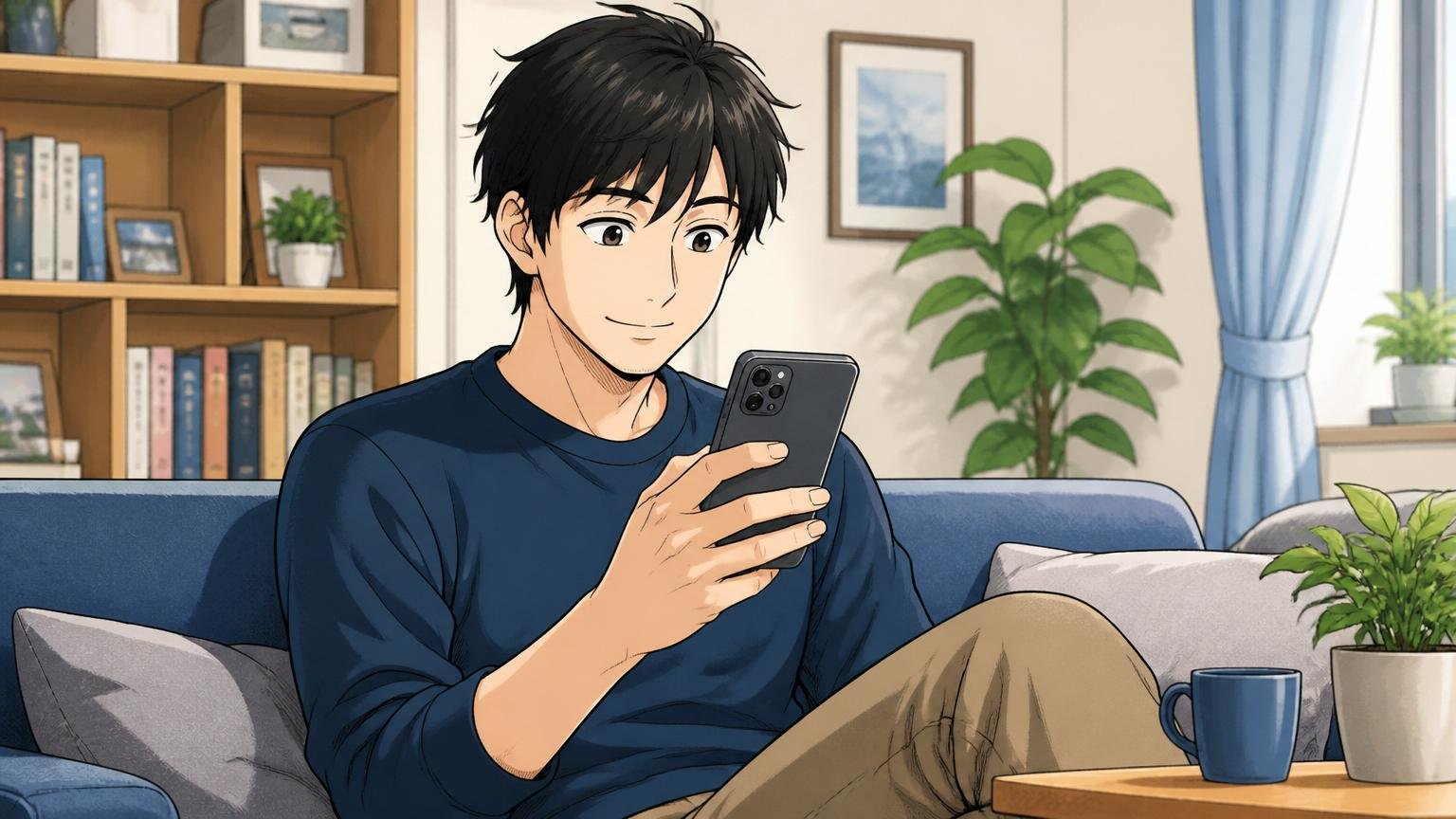 まず無料で自分の市場価値を確かめてほしい、自宅で穏やかな表情でスマホを見る30代エンジニア1人