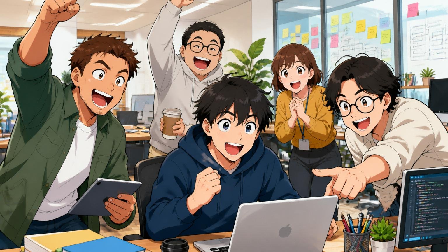 向いている人、Web系スタートアップのオフィスで生き生きと前向きに働く笑顔のエネルギッシュな社員たち