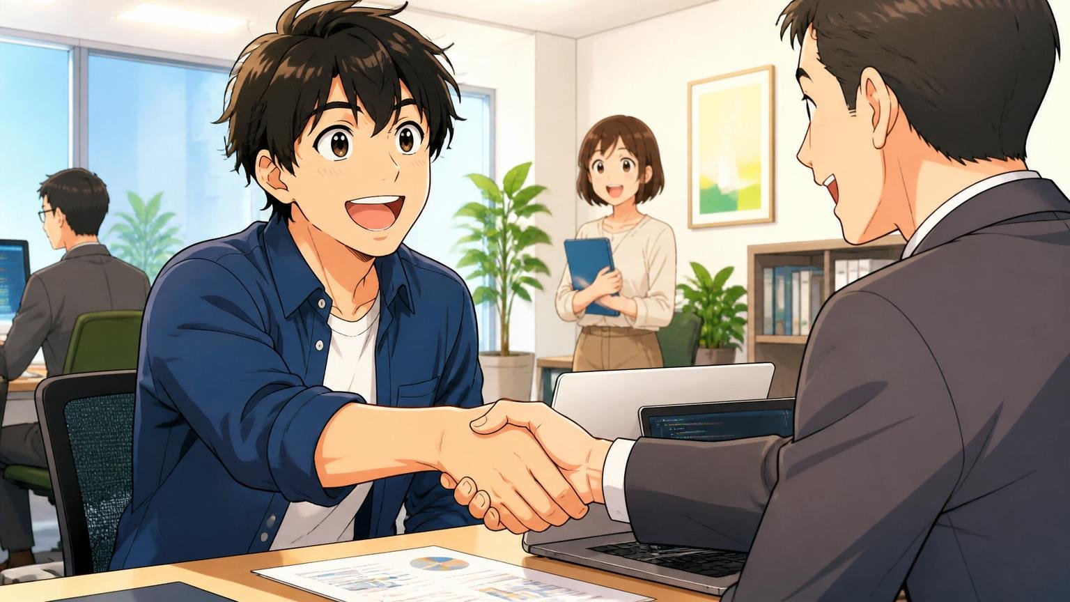 最後に：判断材料を無料でそろえるなら、経験者向けIT特化型エージェント。明るいオフィスで担当者と笑顔で握手する30代エンジニア1人が前向きな表情