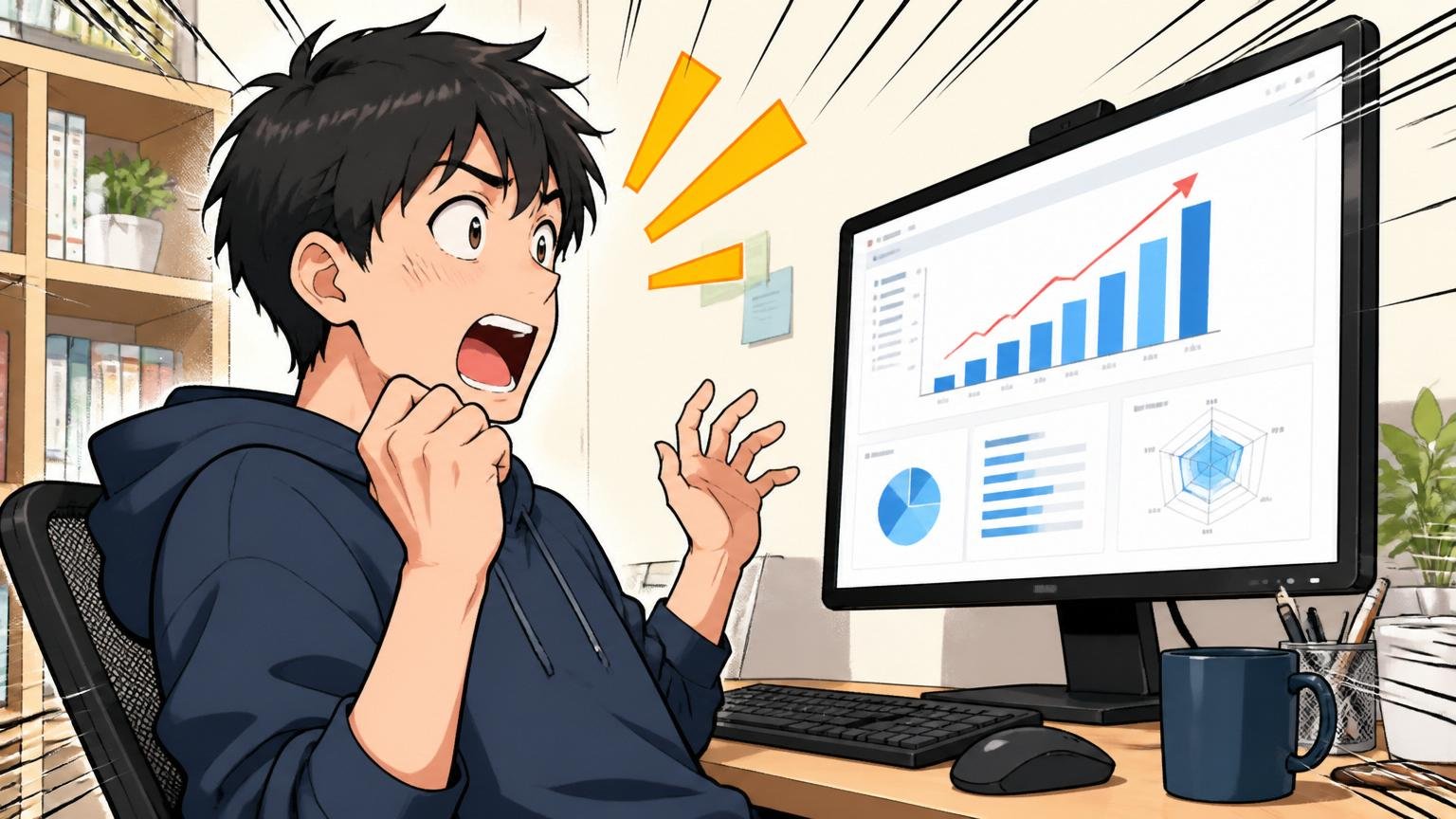 市場価値の把握。在宅勤務の自宅デスクで年収査定ツールの結果を確認するエンジニア男性1人